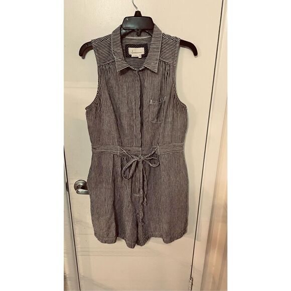 Anthropologie Blue White Pin Stripe Linen Blend Romper SZ 12 - Picture 1 of 10